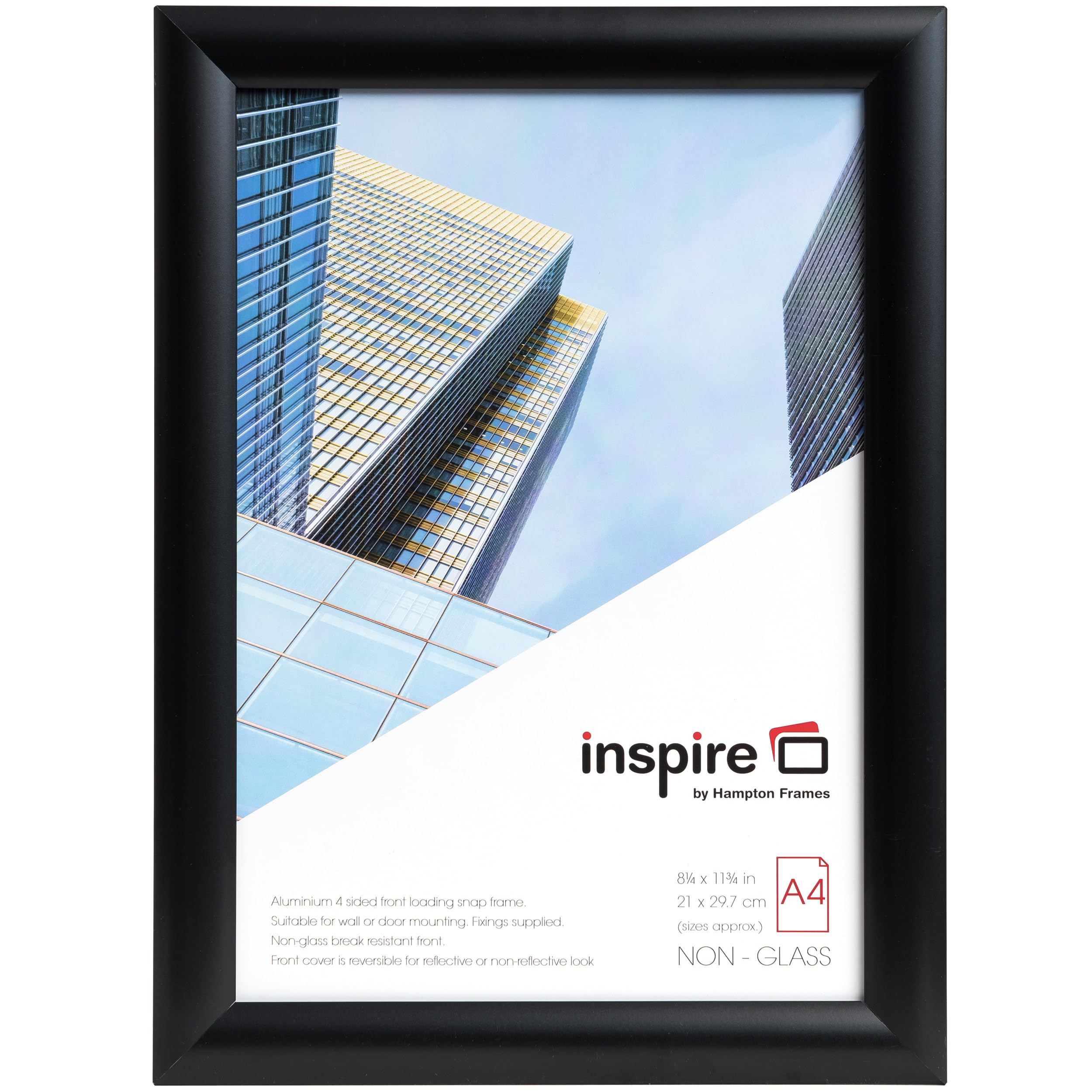 inspire by Hampton Frames | Snap Frame | A4 (21x30cm), Black, Satin Finish, Aluminium, Wall Mount | Easy Change Front, Lightweight, Non Glass | Display Posters, Photos