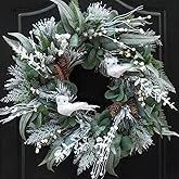 Pinkpuii 24 Inch Winter Wreaths for Front Door Outside, Outdoor Winter Wreath with White Owl,Pine Cones,Cedar and White Berries,Artificial Snowy Winter Hanging Decorations for Home Wall Firplace Decor