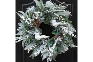 Pinkpuii 24 Inch Winter Wreaths for Front Door Outside, Outdoor Winter Wreath with White Owl,Pine Cones,Cedar and White Berries,Artificial Snowy Winter Hanging Decorations for Home Wall Firplace Decor