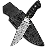 Handmade Skinning Damascus Steel Hunting Knife With Leather Sheath- Full Tang knife For Outdoor Camping- Best Outdoorsman Gift