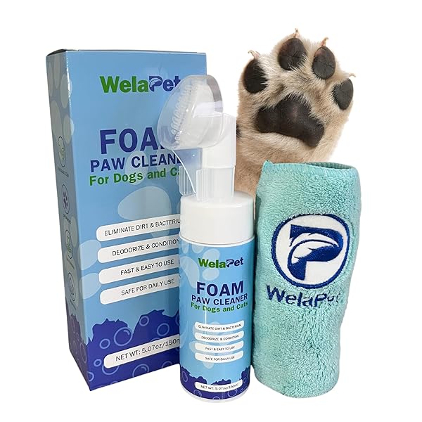 WELAPET FOAM PAW CLEANER | NO-RINSE FOAMING CLEANSER WITH SILICONE BRISTLE BRUSH FOR GENTLE DEEP CLEANING | FRAGRANCE-FREE, PH-BALANCED FORMULA SAFE FOR ALL DOGS AND CATS | 5OZ
