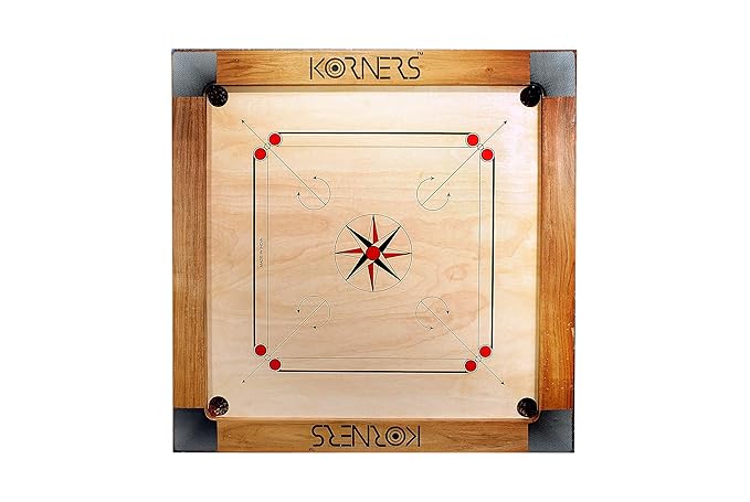 KORNERS Sky Champ Matte Finish with Natural Wood Frame Club Size Carrom Board with Coins, Striker & Powder