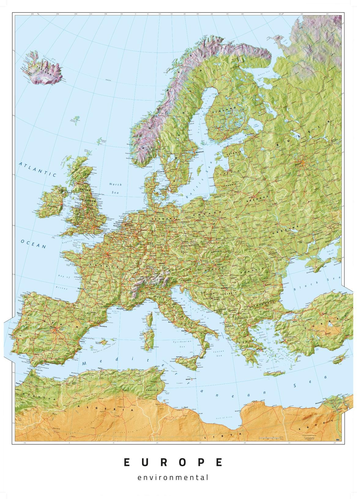Oxford Cartographers - Europe Environmental Map, 23.5 x 33.25 Inches, Laminated, Full Color, Physical
