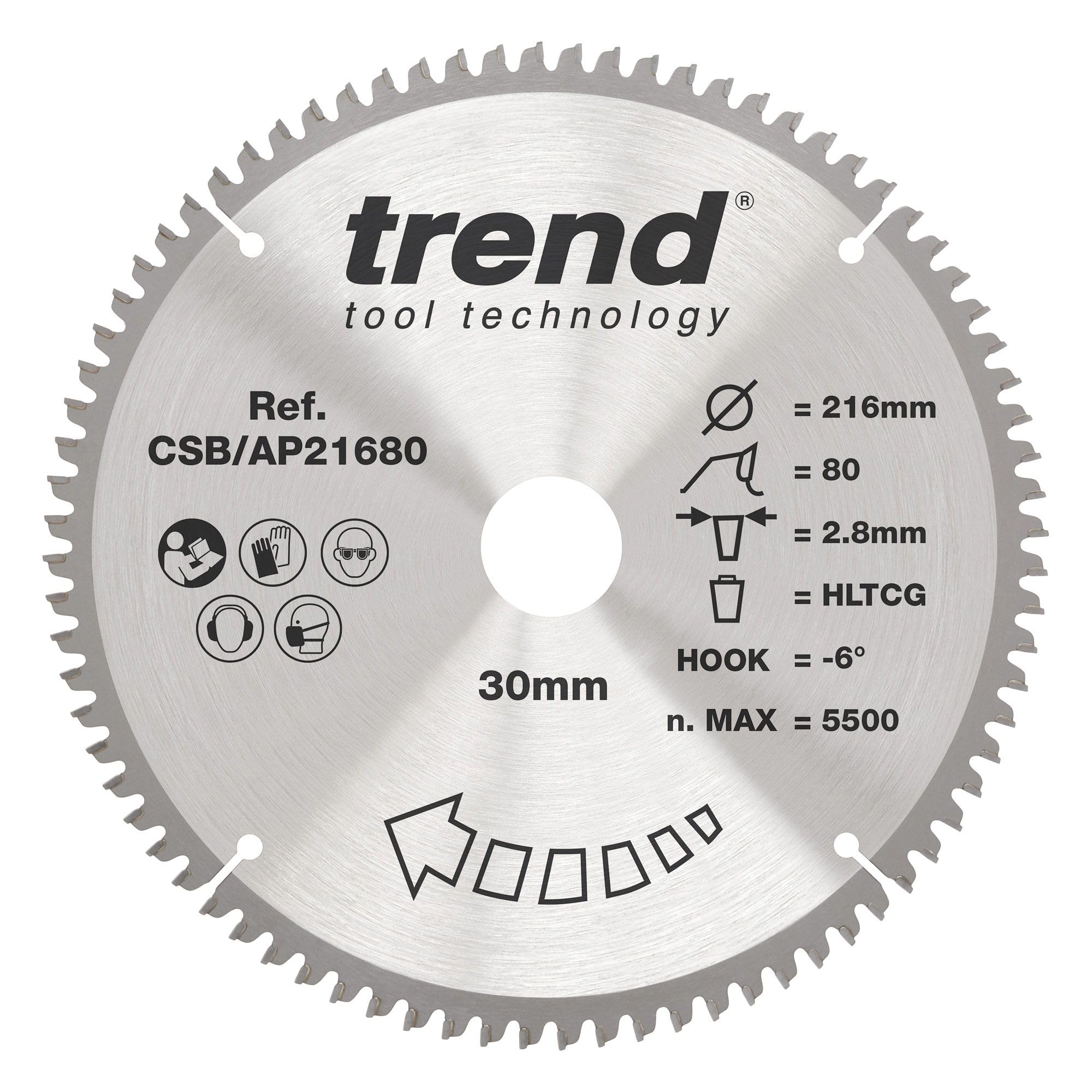 Trend Aluminium & Plastic Circular Saw Blade, 216mm Diameter, 30mm Bore, 80 Teeth, 2.8mm Kerf, -6° Hook, TCT, Extra-Fine Finish, CSB/AP21680