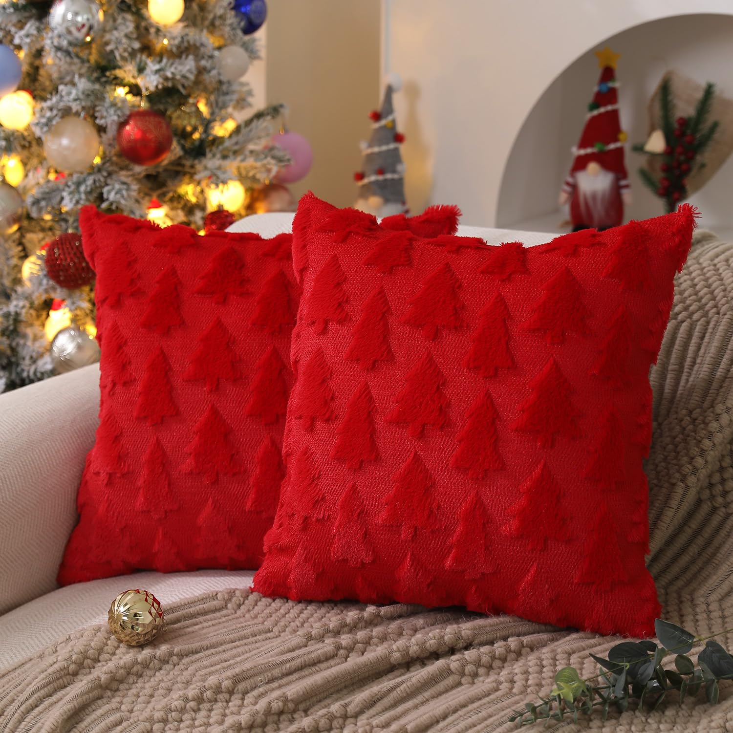 Photo 1 of DFXSZ Christmas Tree Pillow Covers 18x18 inch Set of 2 Christmas Decoration Red Soft Plush Faux Fur Jacquard Throw Pillows for Bedroom Sofa Holiday Festivals Winter Home Decor PTK006B18
