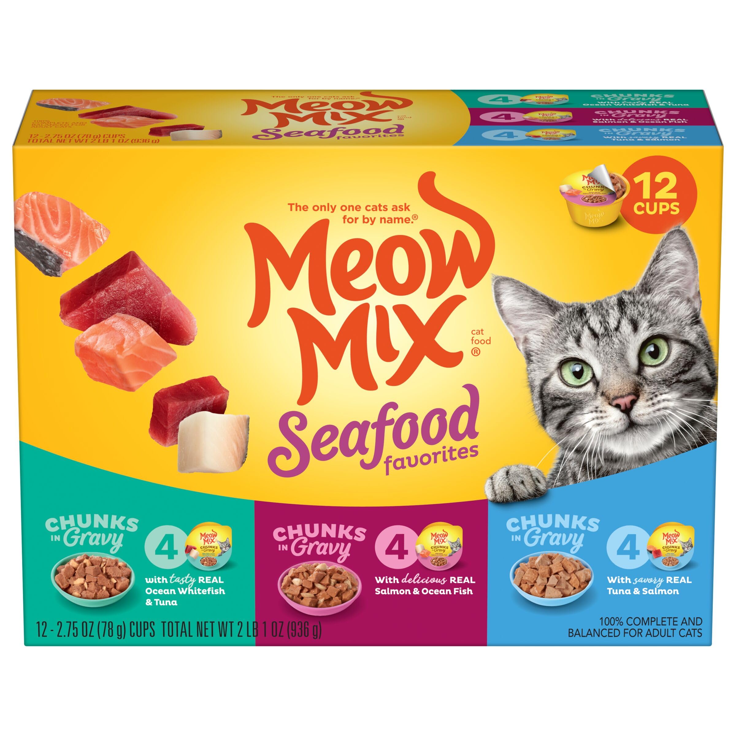 Photo 1 of Meow Mix Seafood Favorites Chunks in Gravy Wet Cat Food Variety Pack, 2.75 Ounce (Pack of 12)