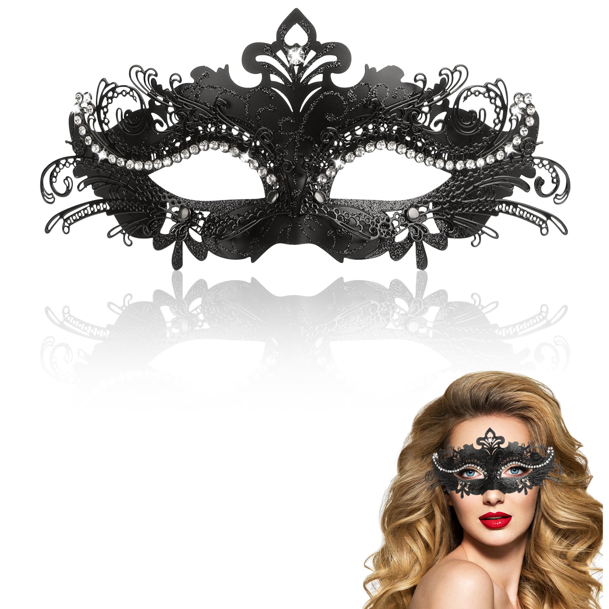 Goenb Masquerade Mask for Women - Venetian Mardi Gras Mask with Metal Rhinestone Design (Black)