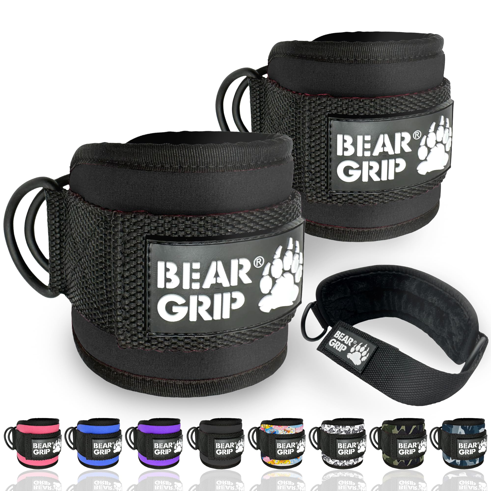 BEAR GRIP - Ankle Straps for Cables with New Fleece Design - Strong Closure, Double Stainless Steel D-Ring, Adjustable Neoprene - For Men & Women (Black - Pair)