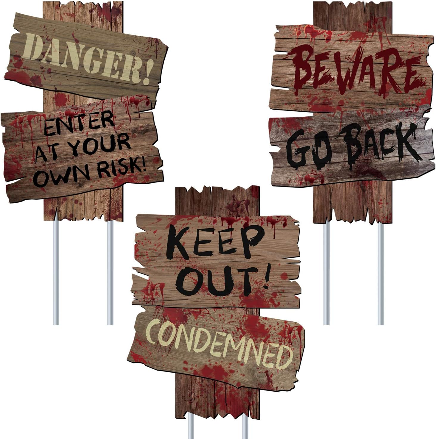 UFUNGA Beware Signs Yard Stakes Halloween Decorations Outdoor Creepy Assorted Warning Sign,Scary Zombie Party Decor Supplies,3 Pieces, 12" x 9"