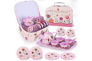 Jugana Toy Tea Set for Little Girls, Princess Tea Toy Kid Afternoon Tea Set Including Teapot,Cups, Plates, Dessert, Drinks & Carrying Case, Kitchen Pretend Play Toys Birthday Gift for Kids
