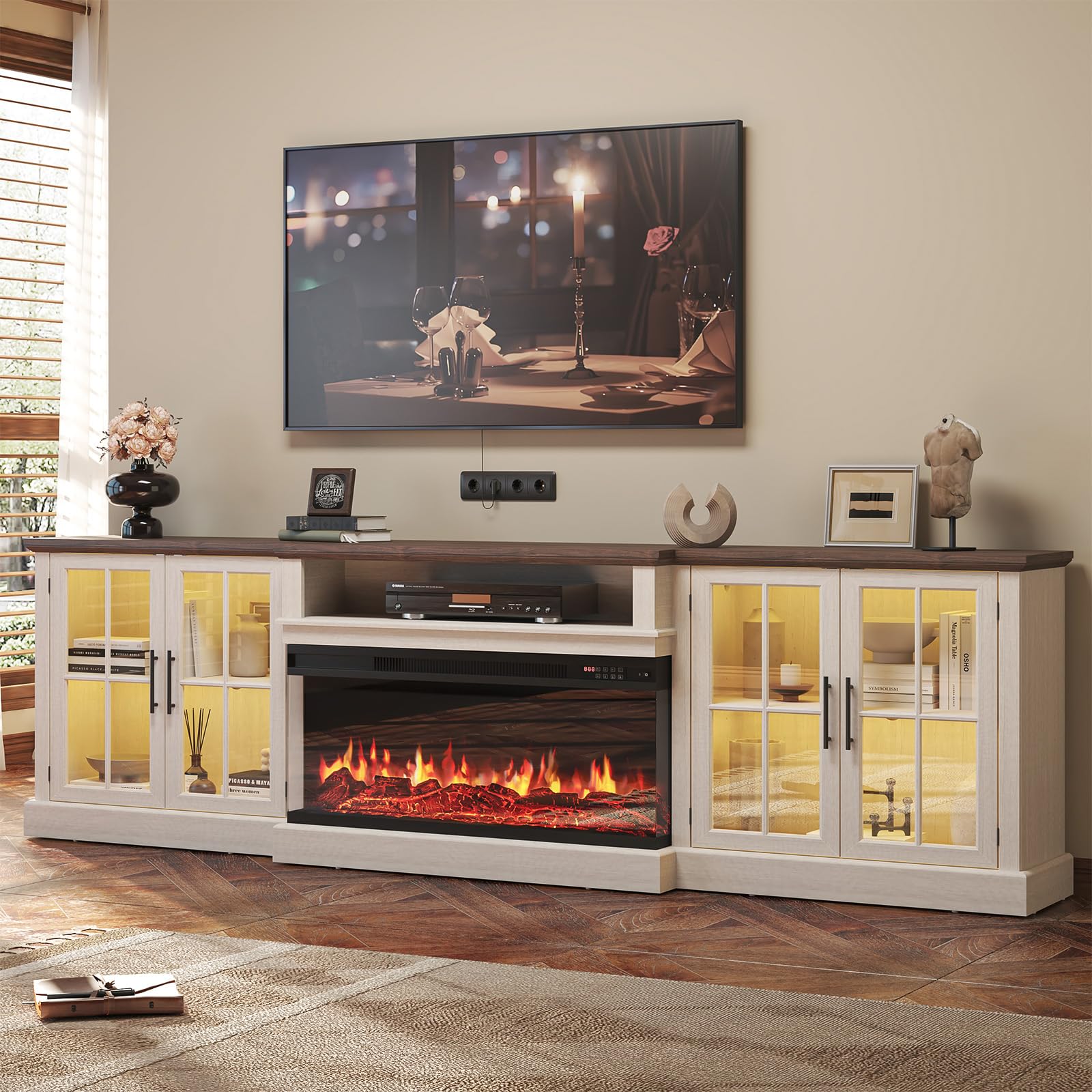 Nordivale 98" Farmhouse TV Stand with 36" Fireplace, White & Black
