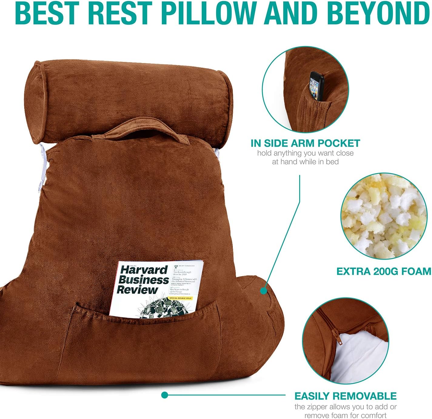 Vekkia Premium Soft Reading & Bed Rest Pillow with Higher Support Arm, Pocket, Free Neck Pillow. Back Support for Reading/Relaxing/Watching TV - Extra Foam Incl-24” Velvet(Cover): Home & Kitchen
