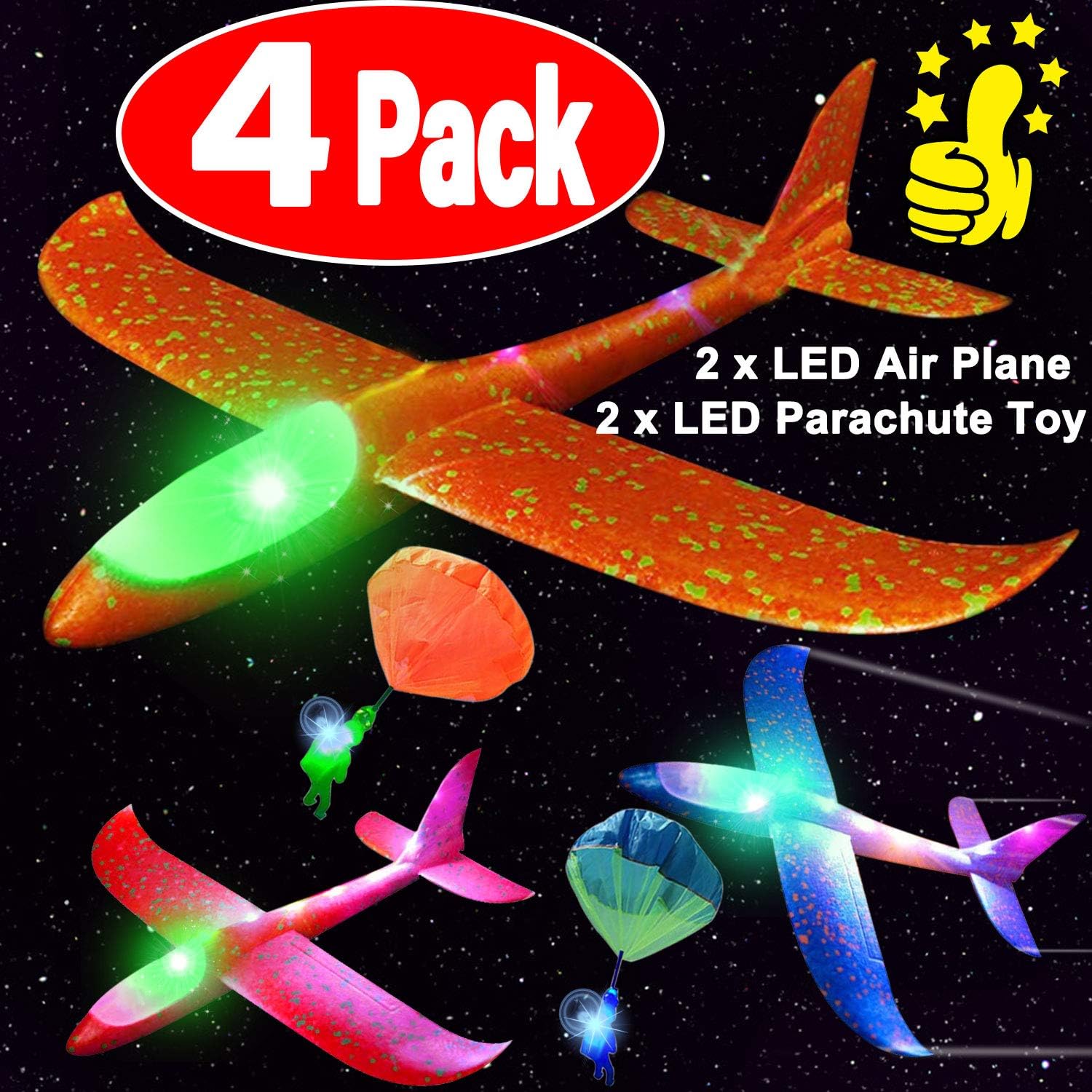 Light Up AirplaneToy,13.7" LED Large Throwing Foam Glider Plane Flying Aircraft Parachute Toys Glow in The Dark for Back to School Day Classroom Party Favors 2019 Birthday Gift for Kids and Adult