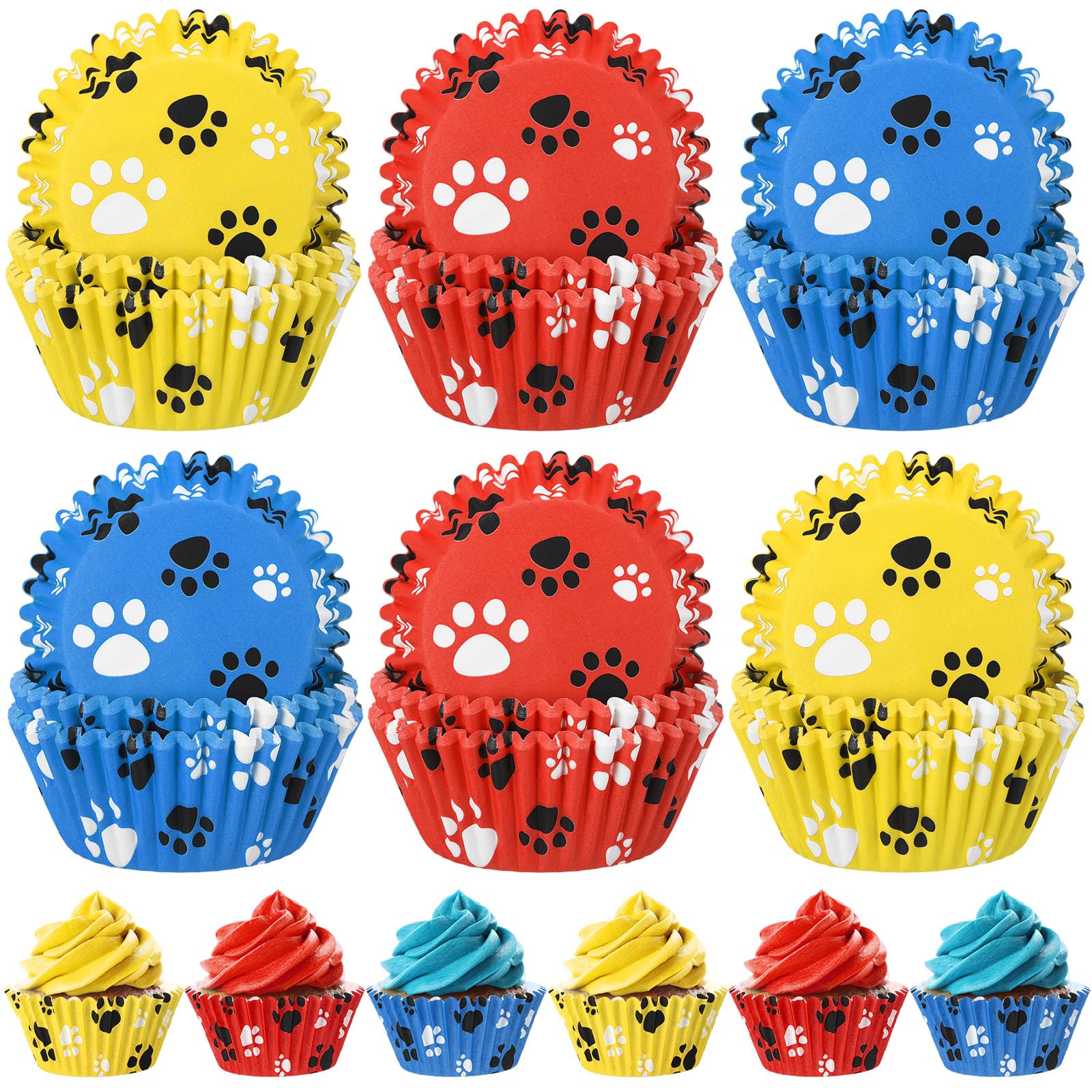Photo 1 of 200 count Paw Bone Cupcake Liners Dog Wrappers Paw Pattern Cup Cake Holder Puppy Dog Theme Cupcake Wrappers for Baby Shower Birthday Party Supplies(Blue Red Yellow)