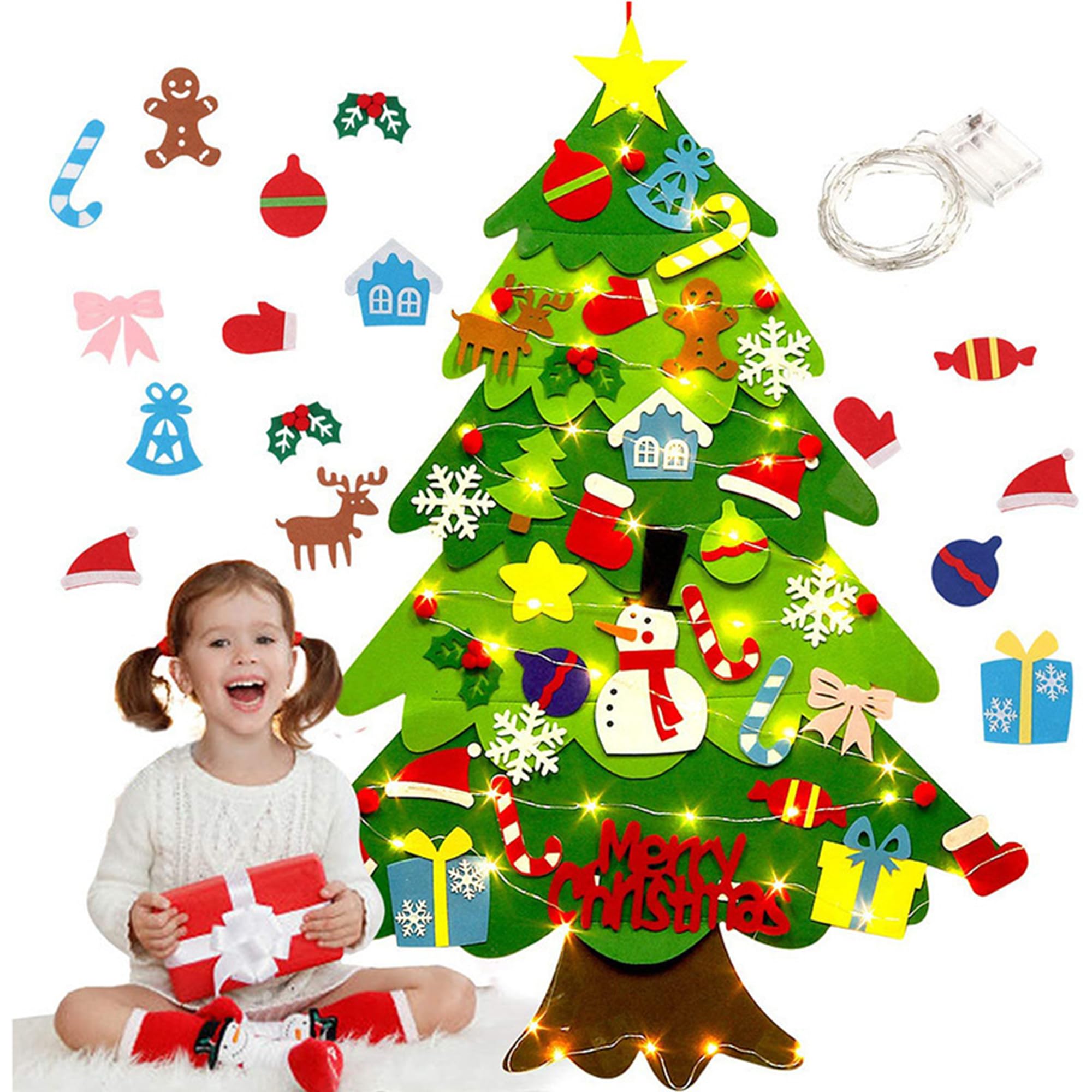 WDEC 34 Pcs DIY Felt Christmas Tree Decoration Set, Detachable Ornaments for Kids Wall Hanging Xmas, with String Light 5 m, Home Door Window Wall Christmas Décor