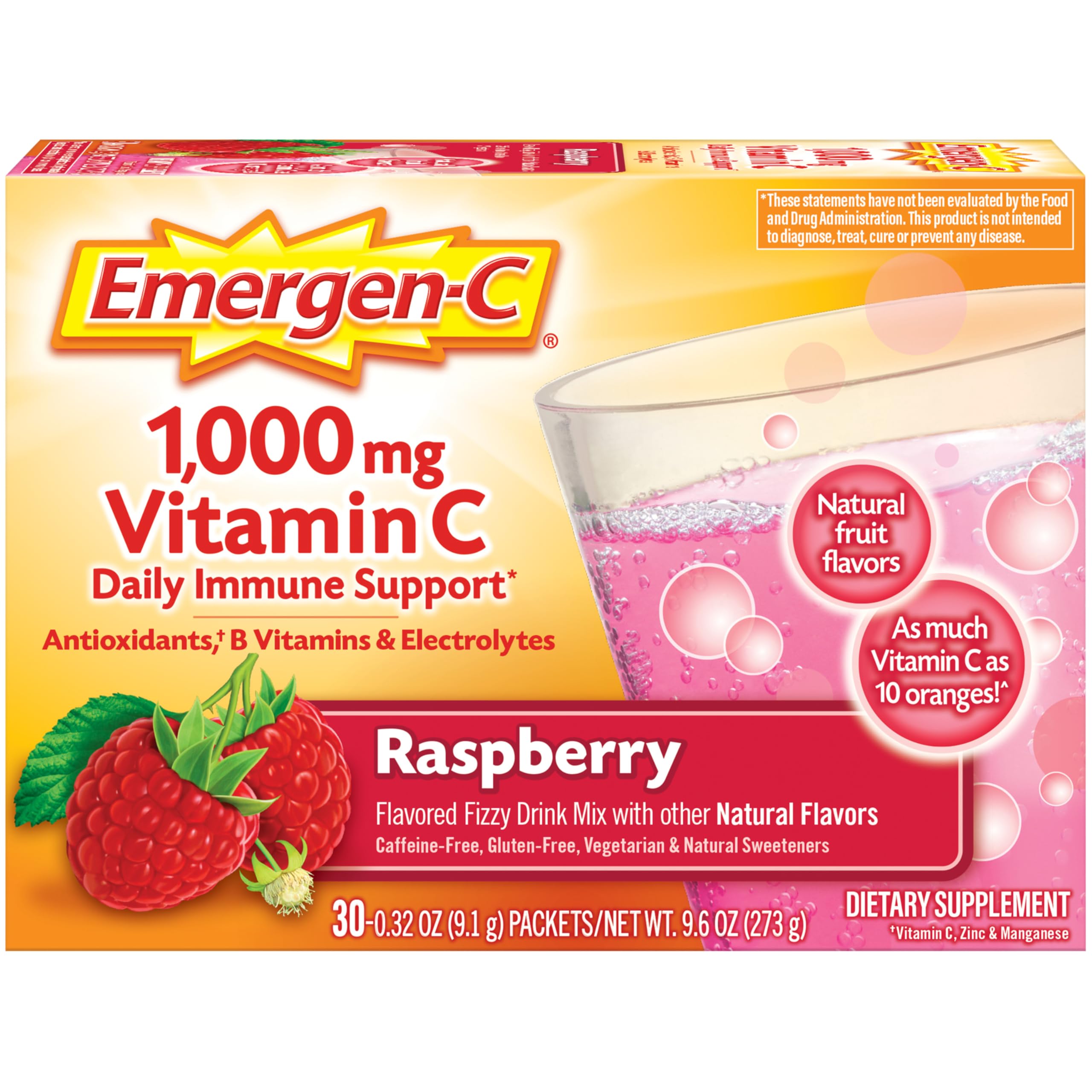 Photo 1 of Emergen-C 1000mg Vitamin C Immune Support Powder Raspberry 30CT includes Zinc, Manganese, 7 B Vitamins and Electrolytes for Back to School Essentials