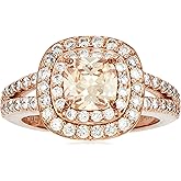 Amazon Essentials Rose Gold Plated Sterling Silver Cushion Cut Champaign Cubic Zirconia 6mm Double Halo Ring