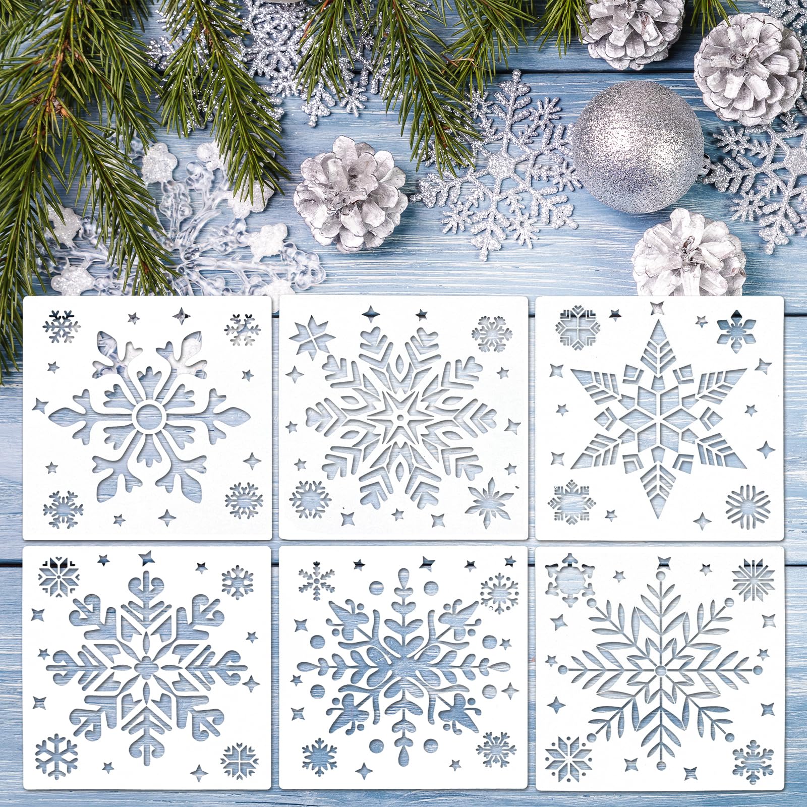 6 PCS Christmas Snowflake Stencils for Crafts, Large Reusable Christmas Stencil Template Winter Snow Flake Ornament Christmas Snowflake Stencil for Painting on Wood, DIY Supplies, Home Decor