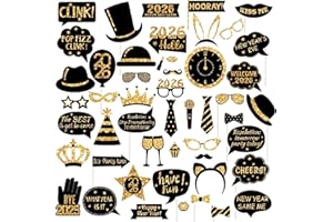Censen 50 Pieces 2026 New Years Photo Booth Props New Years Eve Party Supplies 2026 Glitter Props Black Gold Decorations for DIY Masquerade Theme Photography Backdrop
