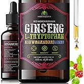 Red Korean Panax Ginseng Liquid Drops with L-Tryptophan, Ashwagandha & Ginkgo – Herbal Adaptogen Blend for Daily Wellness – Alcohol Free Liquid Supplement – 4 fl oz (120 mL)