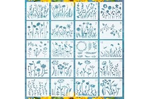 RESFLYAR 20 PCS Wildflower Stencils for Painting, 6 x 4.7 Inch Reusable Plastic Plant Templates for Painting on Wood Wall, Flowers Leaf Stencils Set for Rock Canvas Drawing Art Tile Home DIY Craft Decor