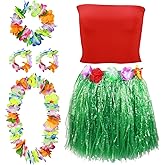 Yahenda 6 Pcs Women Hawaiian Costume Hula Grass Skirt with Crop Top Flower Necklace Bracelet Set Outfit for Luau Party