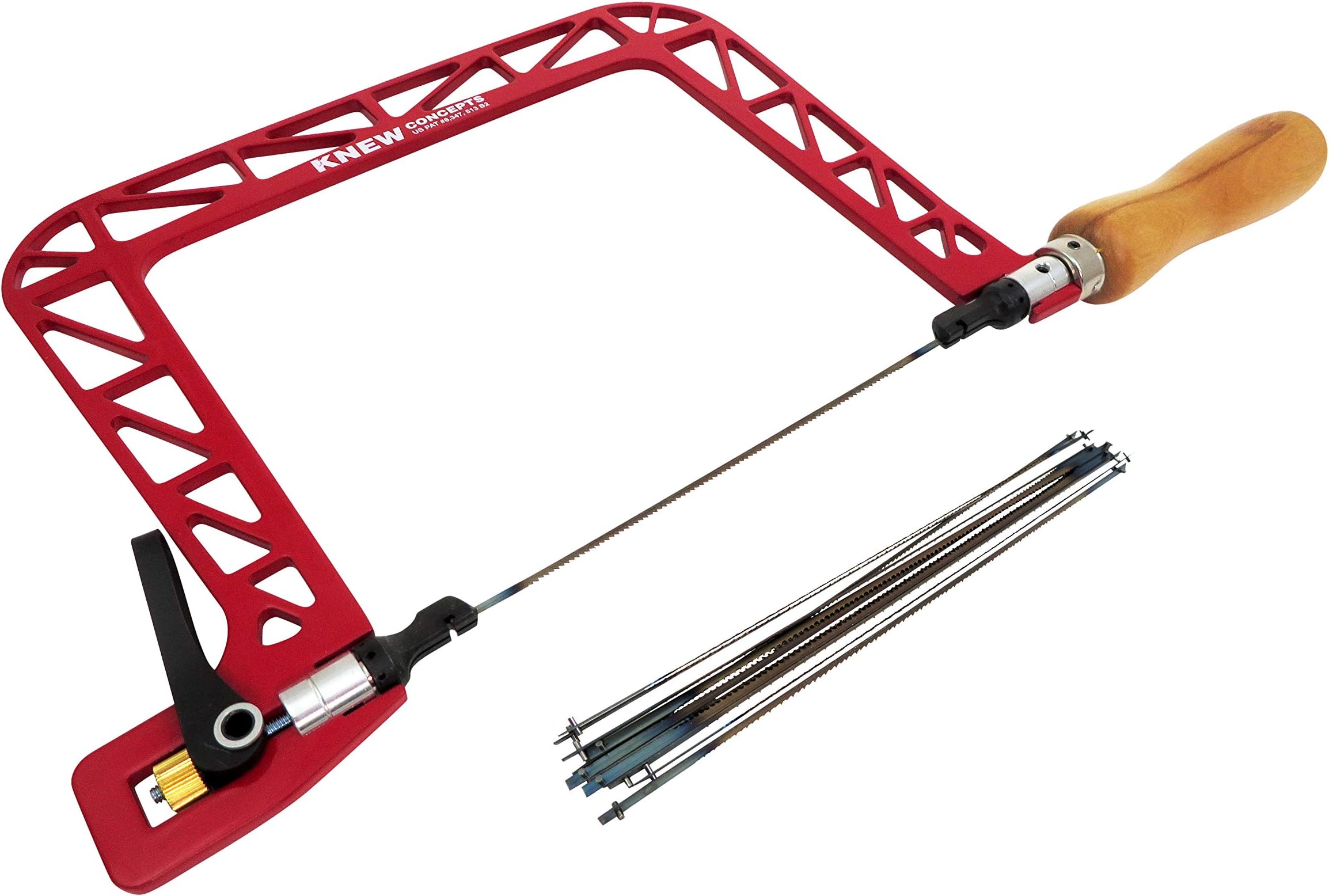 Super-Skin Knew Concepts 125.012 MK IV 6.5 Inch Coping Saw with Cam Lever Tension, Rotating Blade and 12 Each 18 TPI Pegas Pinned Coping Saw Blades-L8