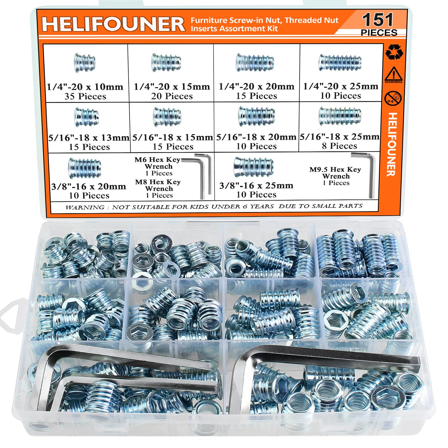 Photo 1 of 1/4-20, 5/16-18, 3/8-16 Threaded Inserts, Wood Inserts, Steel Threaded Inserts for Wood Furniture Screw, HELIFOUNER 148 Pieces 1/4"-20, 5/16"-18, 3/8"-16 Threaded Inserts Kit with Hex Wrench