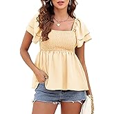 Women's Summer Peplum Tops Square Neck Ruffle Trim Short Sleeve Blouse Smocked Top Dressy Casual Shirts