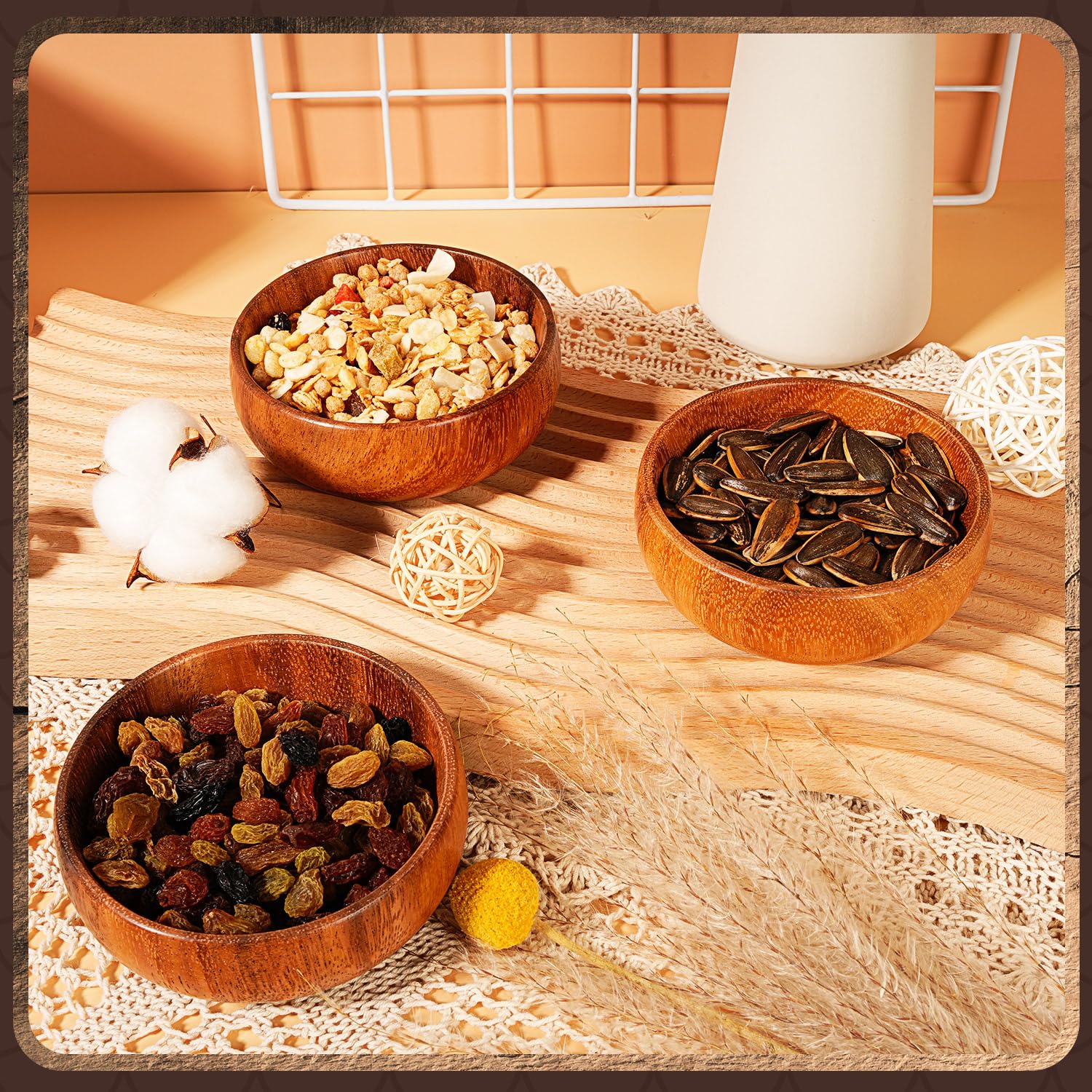 Skylety Acacia Wooden Bowls Small Calabash Bowls Round Wood Salad Hand Carved Calabash Dip Tray for Serving Popcorn Pasta Candy Cereal Coconut Nuts Sauce Appetizers Kitchen(10 Pcs,4 Inch) - Image 4