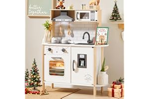 Tiny Land Play Kitchen for Kids, Wooden Kids Play Kitchen Playset Chef Pretend Play Set for Toddlers with Real Lights & Sounds, Toys Kitchen with 18 Pcs Toy Food & Cookware Accessories