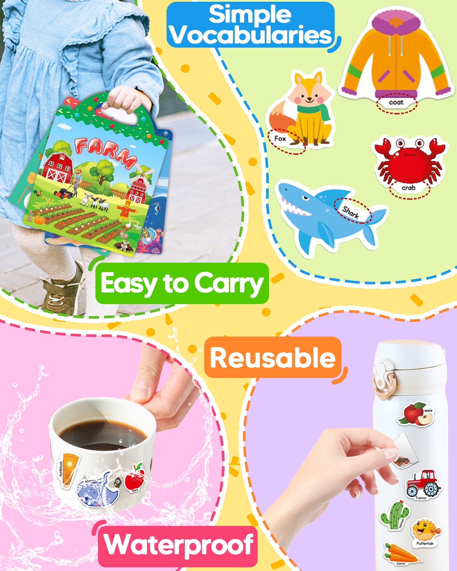 Benresive Reusable Sticker Book for Toddlers 2-4 Years, 3 Sets Travel Stickers for Kids, Waterproof Sticker Books for Toddlers 1-3, Crafts Activities for Todddlers 1-3 2-4 3-5