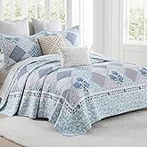 SahSahCasa 100% Cotton 120"x120" Oversized California King Bedspread Coverlet Quilt Set, Cal King Quilted Bedspread Extra Large Quilt, Floral XL Bed Spread Lightweight Comforter, 3pc, Blue/Purple