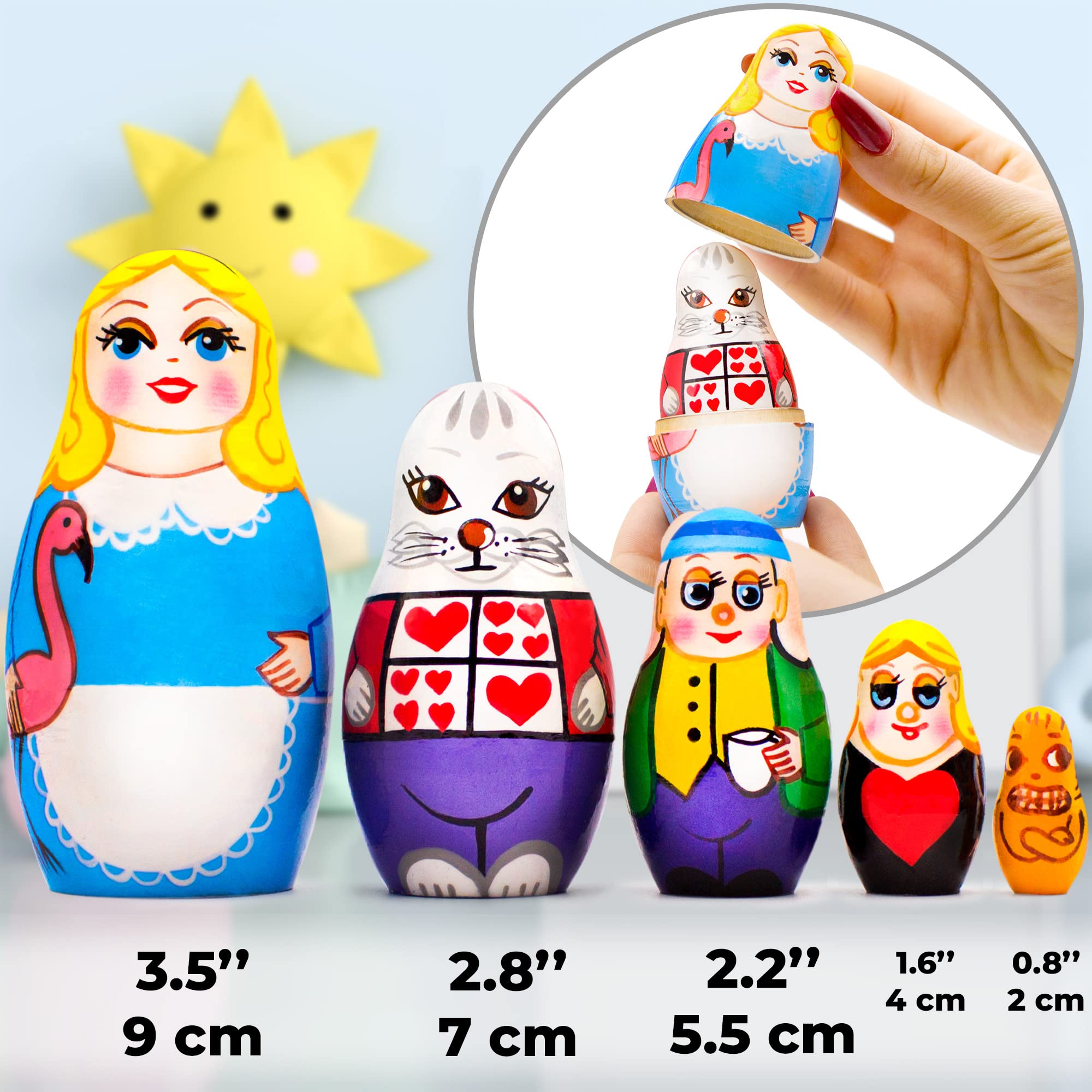 Alice in Wonderland Wooden Stacking Dolls Set 5 Pcs - Russian Nesting Doll Wood Matryoshka Babushka