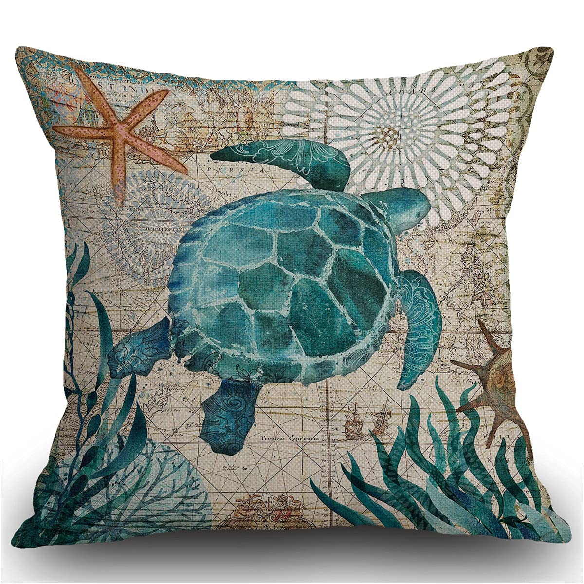 Smooffly Throw Pillow Case Vintage Nautical Sea Turtles Starfish Old Map Cushion Cover 18x18 inch Linen Square Throw Pillow Cover for Living Room Sofa Couch Bed Pillowcase 45cm x 45cm