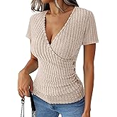 ANRABESS Womens Tops Short Sleeve V Neck Sexy Ribbed Knit Slim Fit Lightweight Sweater 2026 Summer Dressy Casual T-Shirts