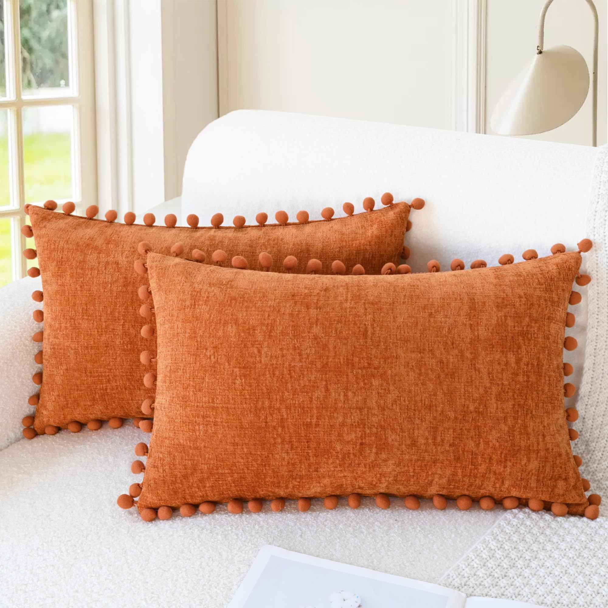 CaliTime Throw Pillow Cases Pack of 2 Cozy Solid Dyed Soft Chenille Cushion Covers with Pom Poms for Couch Sofa Home Decoration 30cm x 50cm Bright Orange