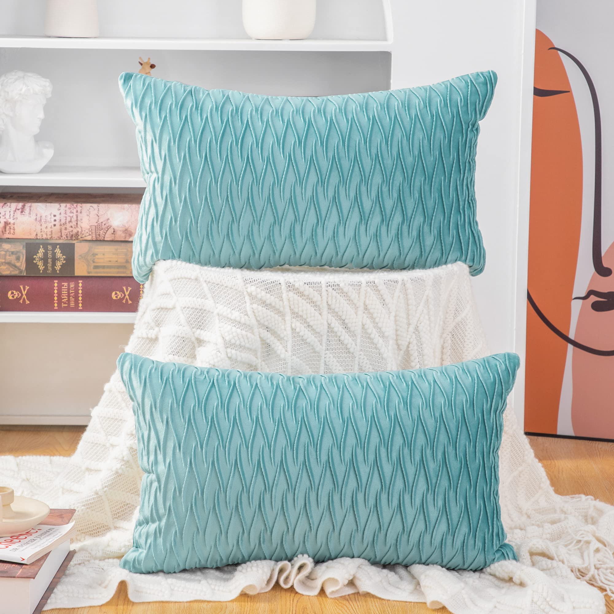 Photo 1 of MADIZZ Set of 2 Super Soft Velvet Decorative Throw Pillow Covers 12x20 inch Aqua Rectangular with Texture Luxury Style Cushion Case Pillow Shell for Sofa Bedroom