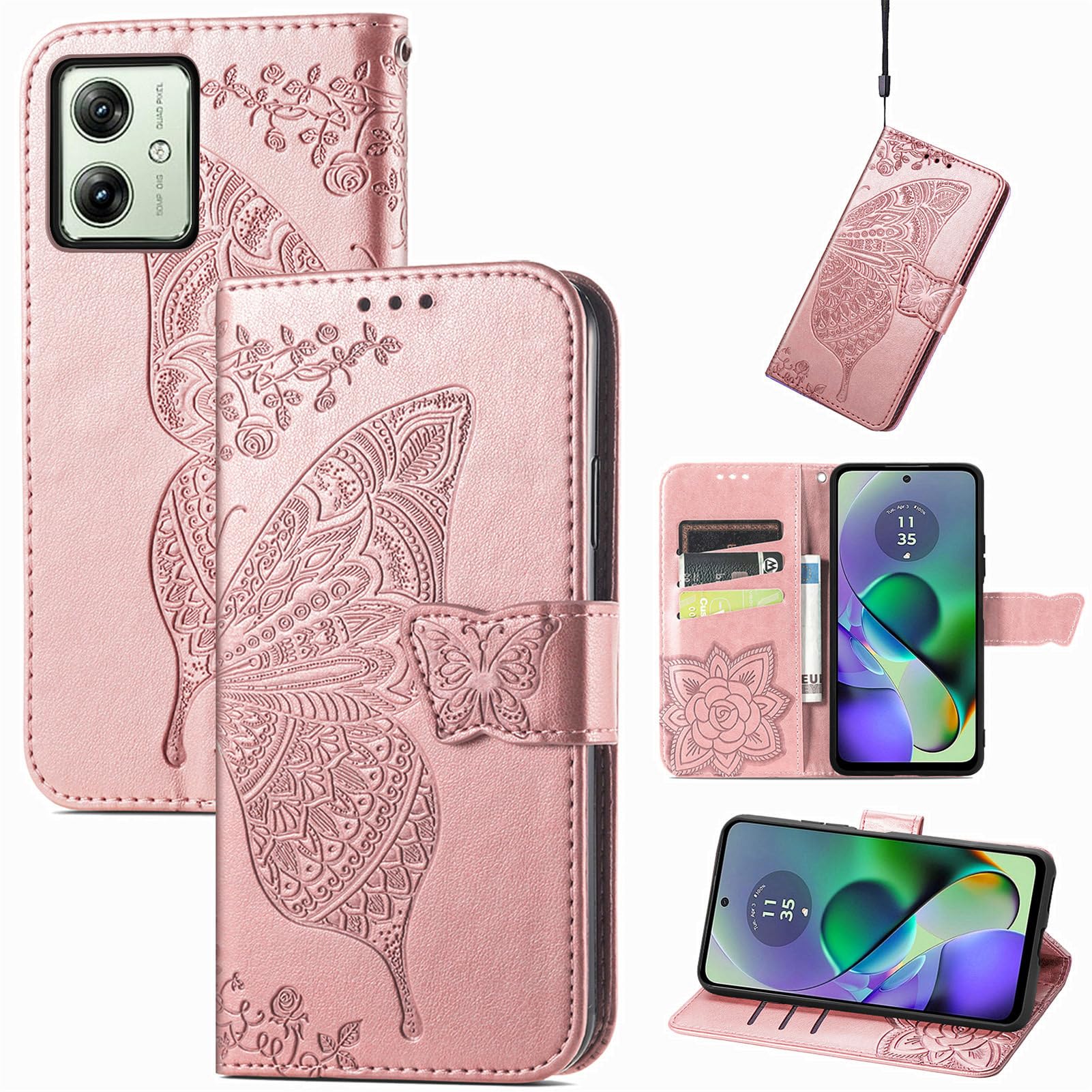 JIUNINE Case for Motorola Moto G54 5G, Leather Wallet Case Flip Cover with Butterfly Embossed Pattern [Card Holder] [Magnetic Closure] [TPU Inner Shell] for Motorola Moto G54 5G, Rosegold