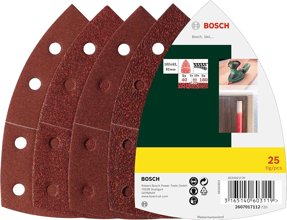 Bosch 25 Pcs Sanding Sheet Set 102 x 62.93 mm 11 Holes Grit 40 80 120 180