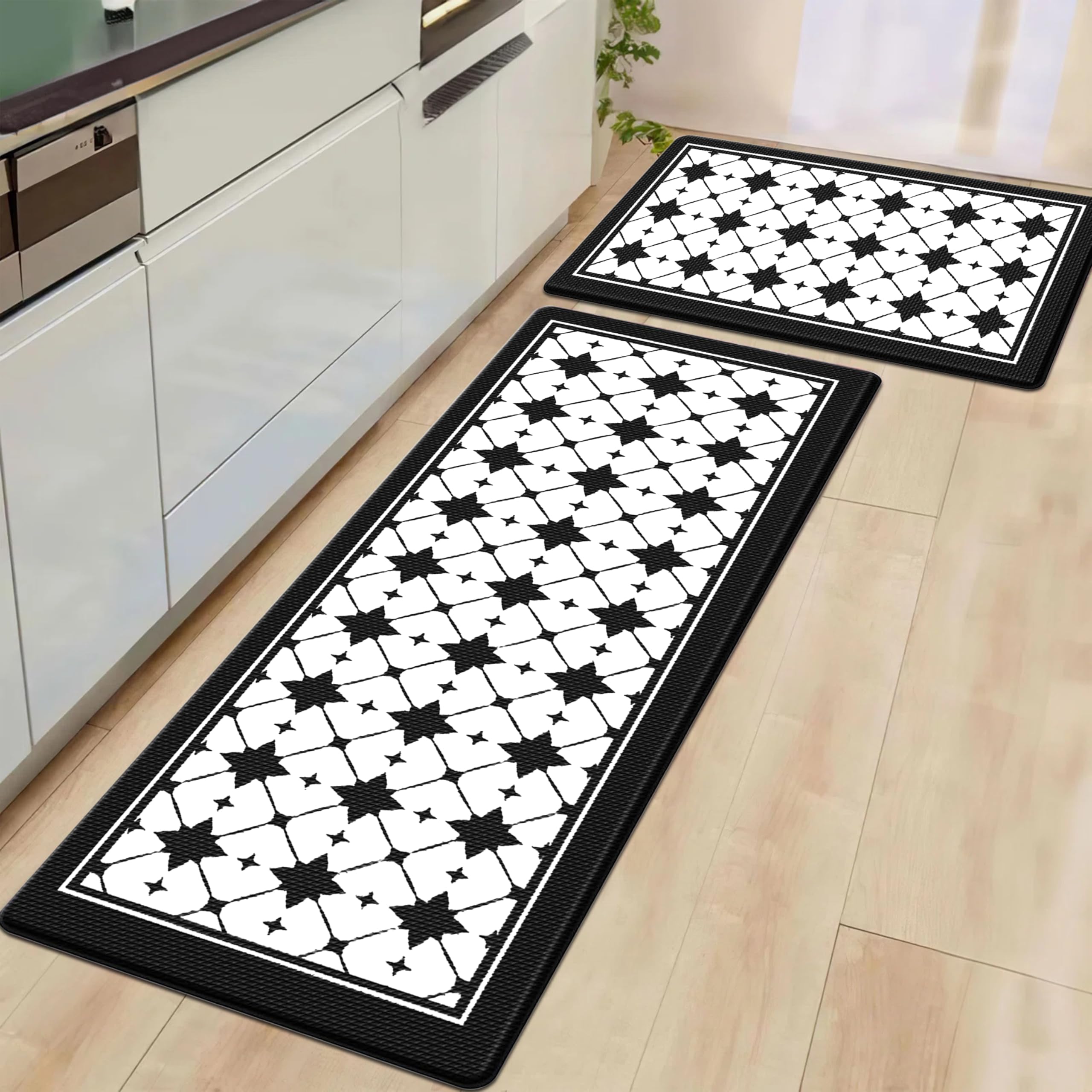 Artnice Anti-Fatigue Kitchen Mats 2 Piece, Modern Geometric Criss Cross Pattern Kitchen Rugs, Ergonomic PVC Memory Foam Kitchen Floor Mats for Standing Sink, Bathroom, Laundry, Black and White