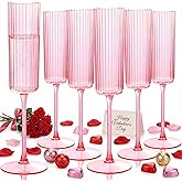 Joyido 36 Pack Pink Plastic Champagne Flutes - 6oz Ribbed Disposable Champagne Glasses - Clear Pink Vintage Mimosa Glasses with Long Stem Elegant & Lightweight for Valentine's Day Wedding Party