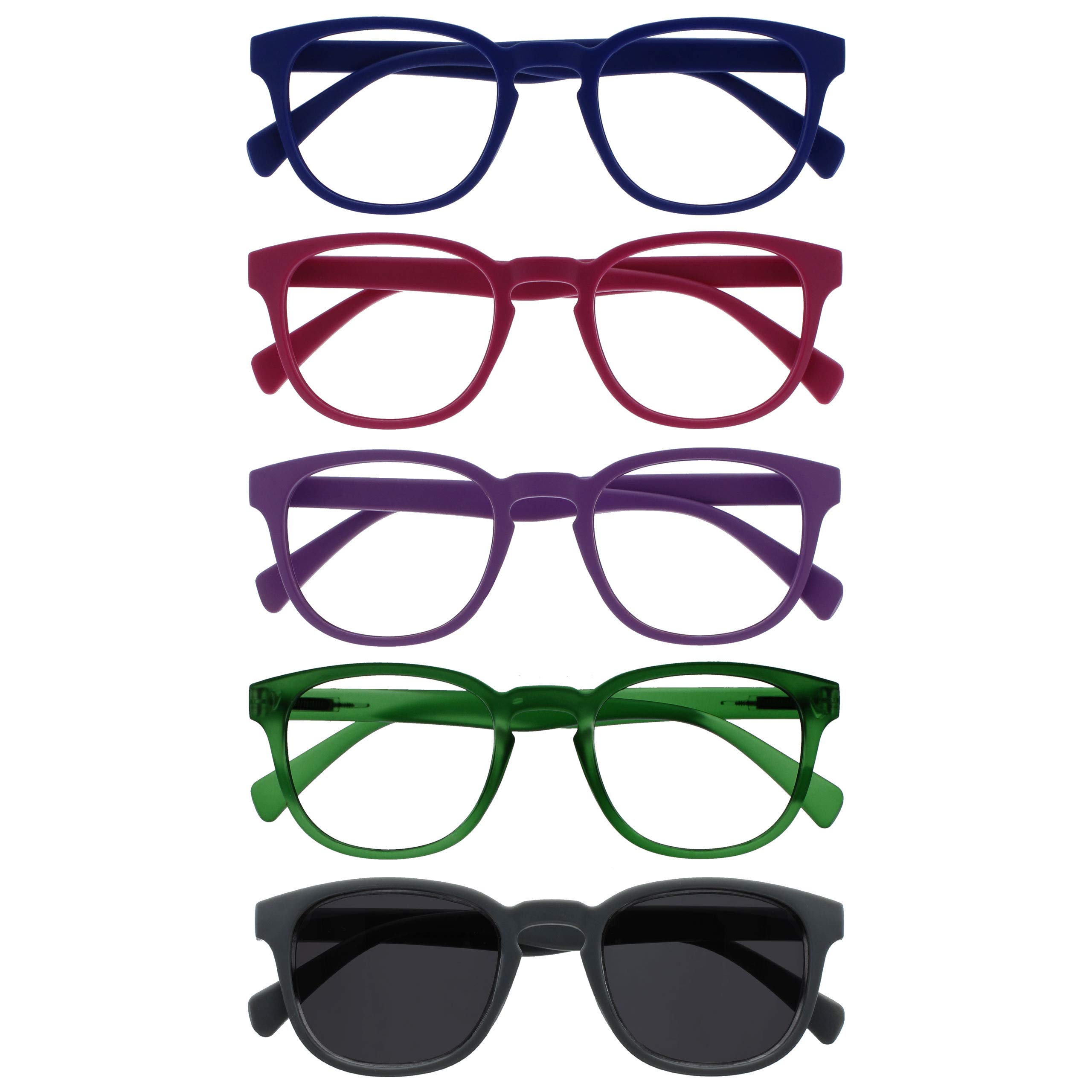 OPULIZE POP Reading Glasses and Reading SunGlasses for Women Men,Retro Round, Smooth Matt Blue, Pink, Purple, Green, Grey Sun +3.50 (Pack of 5)