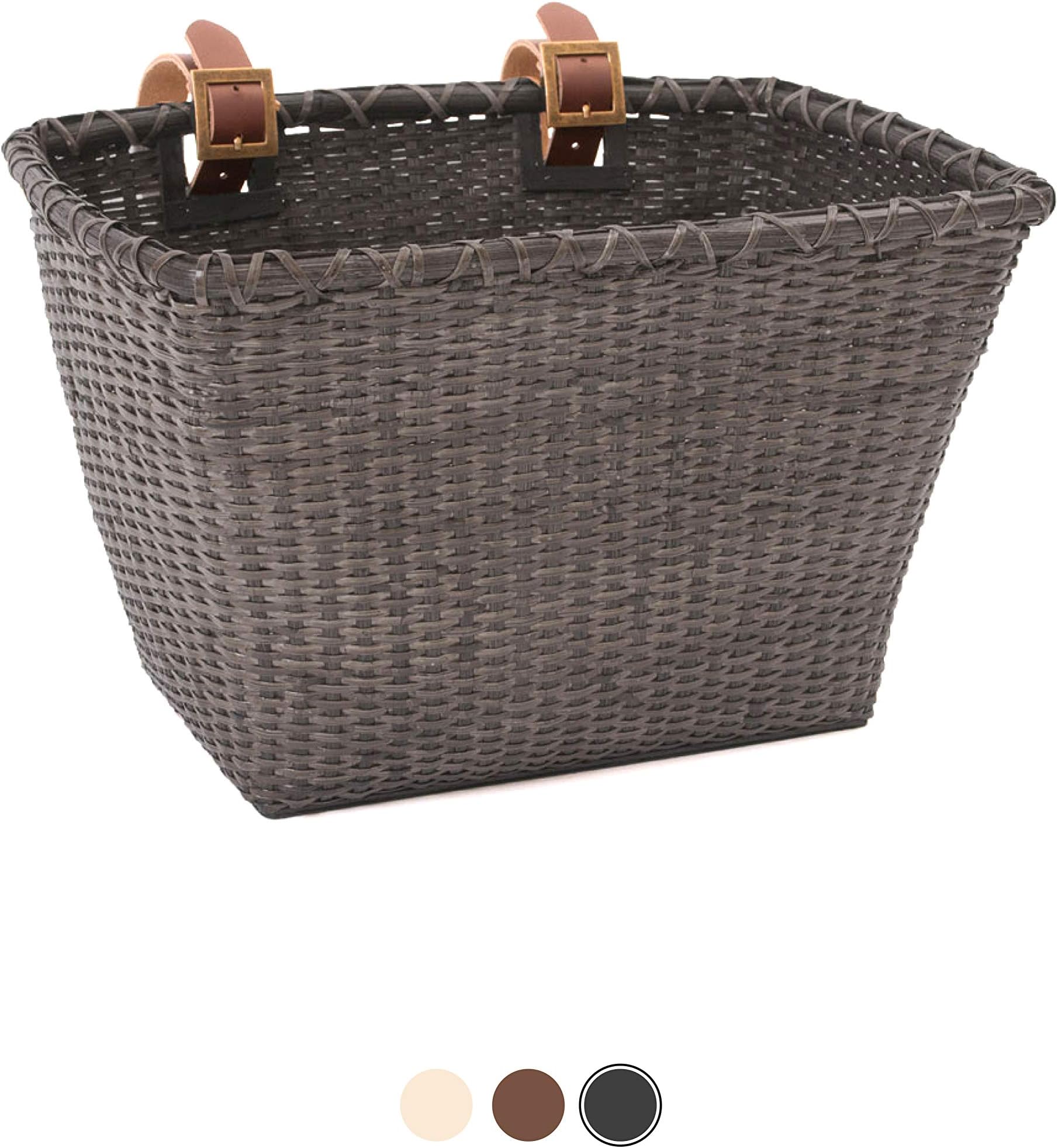 Retrospec Bicycles Cane Woven Rectangular Toto Basket with Authentic Leather Straps and Brass Buckles