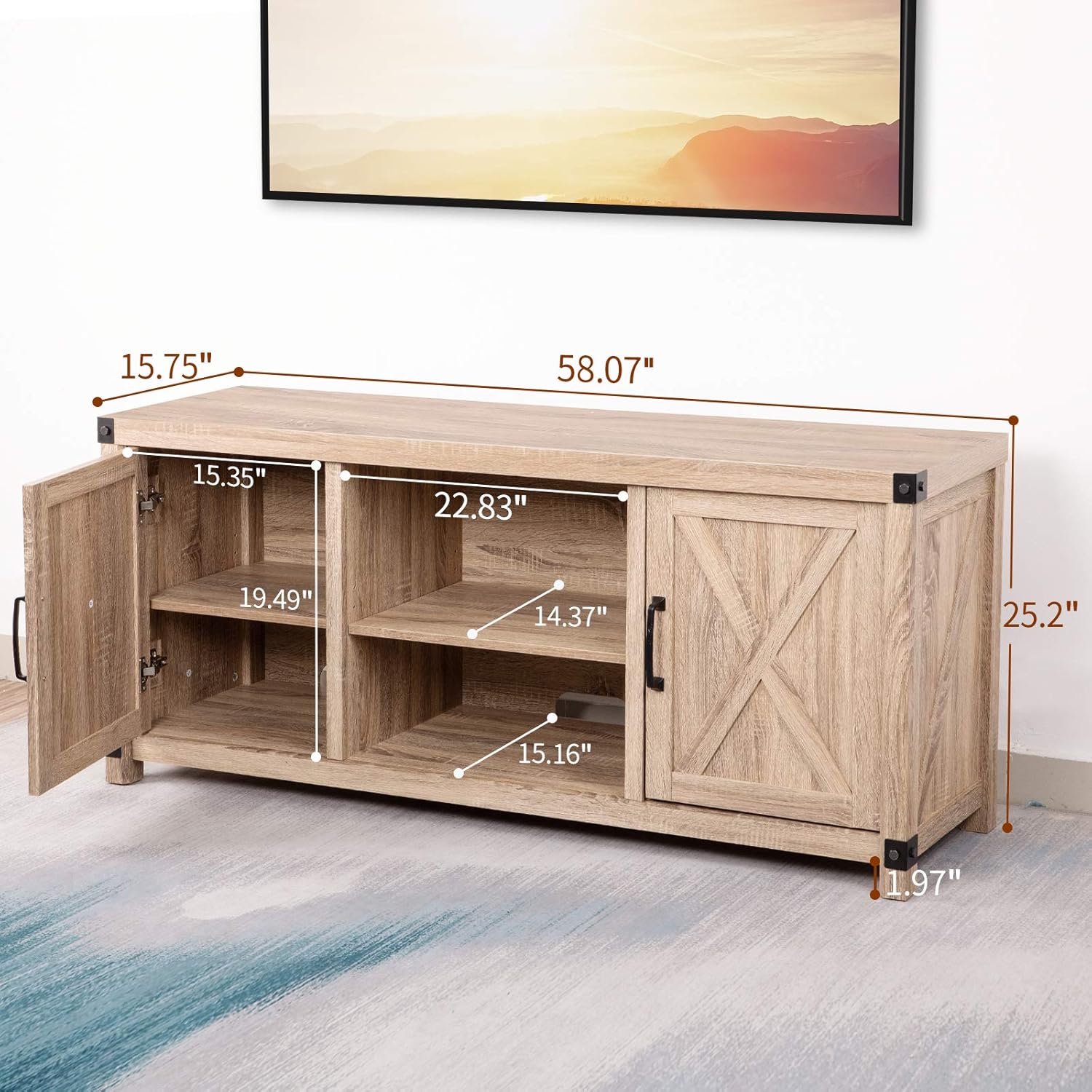 TV Console Cabinet for TVs up to 65 Inch W/Media Shelves, Farmhouse TV Stand Style Entertainment Center for Soundbar or Other Media, Barn Door TV Stand with Storage for Living Room, APRTS02L: Electronics