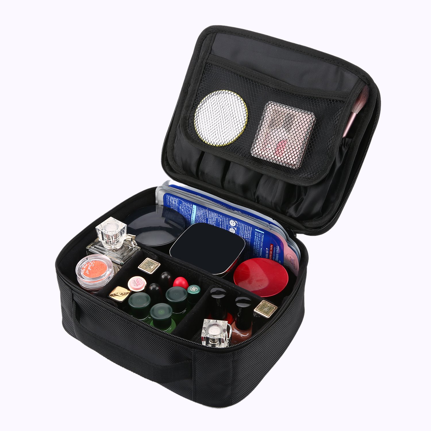 Travel Makeup Train Case, Professional Cosmetic Bag Portable Toiletry Bags with 3 Layers Adjustable Divider for Women Girls