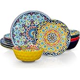 Romatlink 12 Pieces Dinnerware Sets, Ceramic Plates and Bowls Set, Microwave and Dishwasher Safe, Scratch Resistant, Bohemian Style Dishware Set, Service for 4