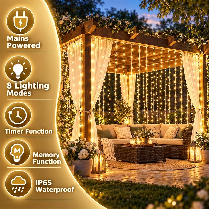 Cortina de luz com ficha, 6Mx3M 600LED Branco Quente — foto 4 de 8