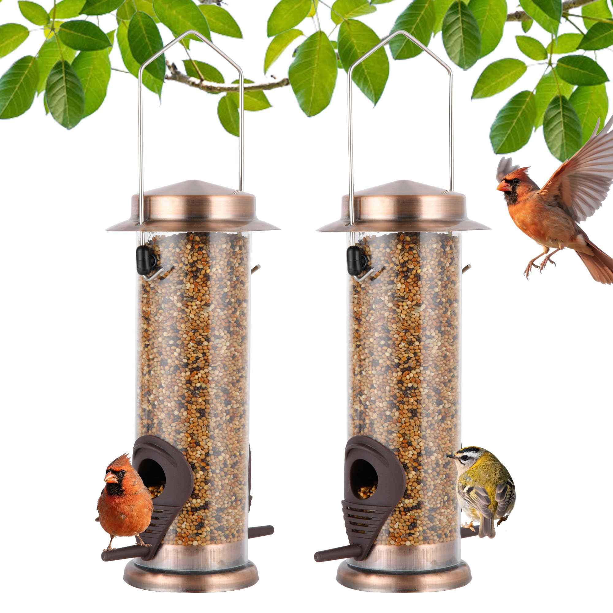 MIXXIDEA Wild Bird Feeders for Outdoors Hanging 2 Pack Stainless Steel Tube Bird Feeder Squirrel Proof, Finch Feeder for Garden Backyard Decoration Attractive Metal Thistle Feeder (Copper)