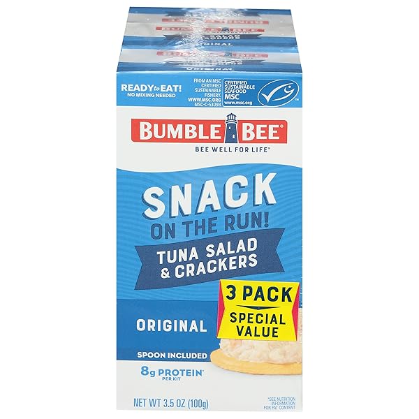 BUMBLE BEE SNACK ON THE RUN TUNA SALAD WITH CRACKERS KIT, 3.5 OZ (PACK OF 3) – READY TO EAT, SPOON INCLUDED – WILD CAUGHT TUNA – SHELF STABLE & CONVENIENT PROTEIN SNACK